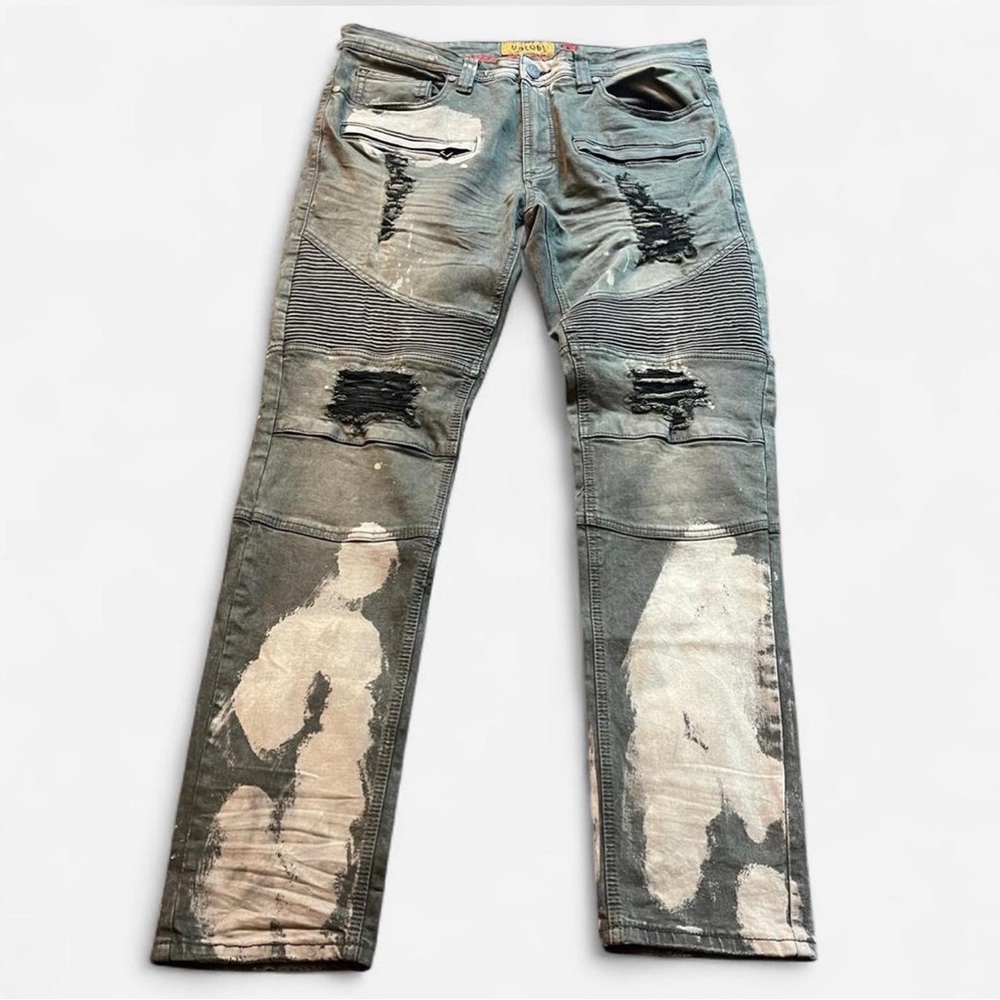 Makobi MK Distressed Y2K Paint Splash Biker Denim Jeans